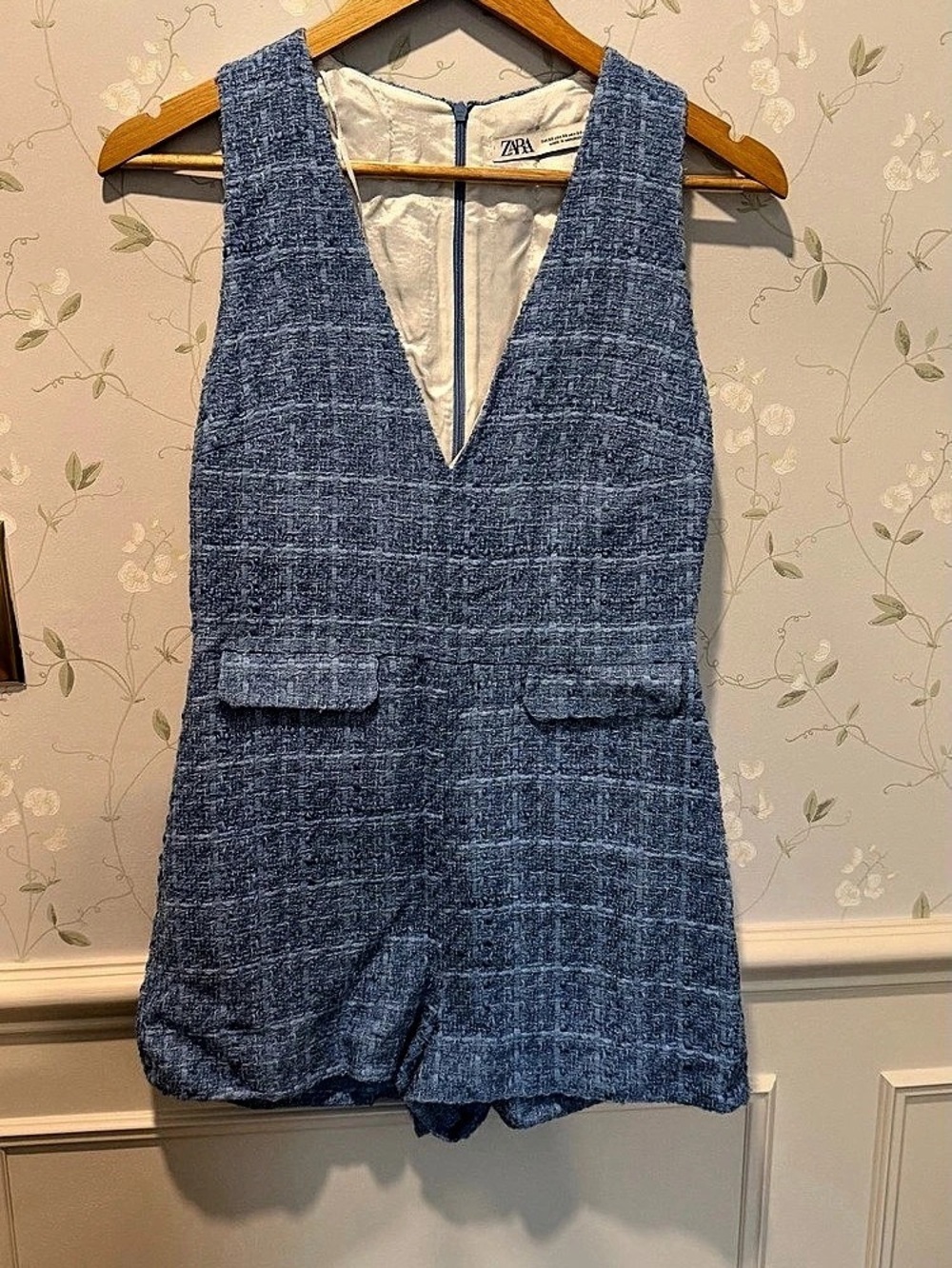 Zara Blue Tweed Romper Jumpsuit Blue